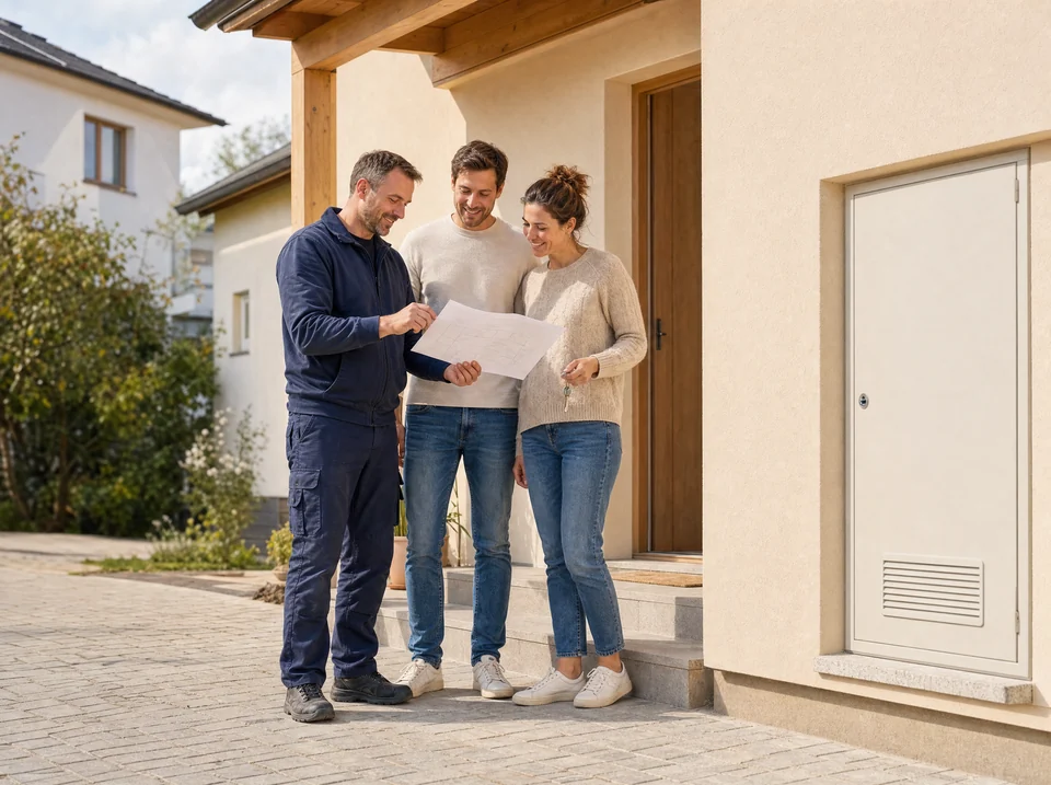 Ein Paar bespricht mit einem Elektriker den Anschluss seines neuen Hauses.