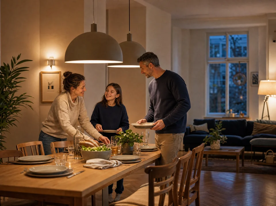 Eine Familie deckt gemeinsam den Tisch unter warmem, abgestimmtem Licht.