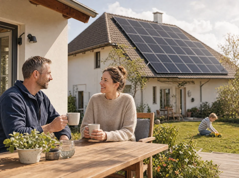 Eine Familie genießt den Garten vor einem Haus mit Photovoltaikmodulen auf dem Dach.