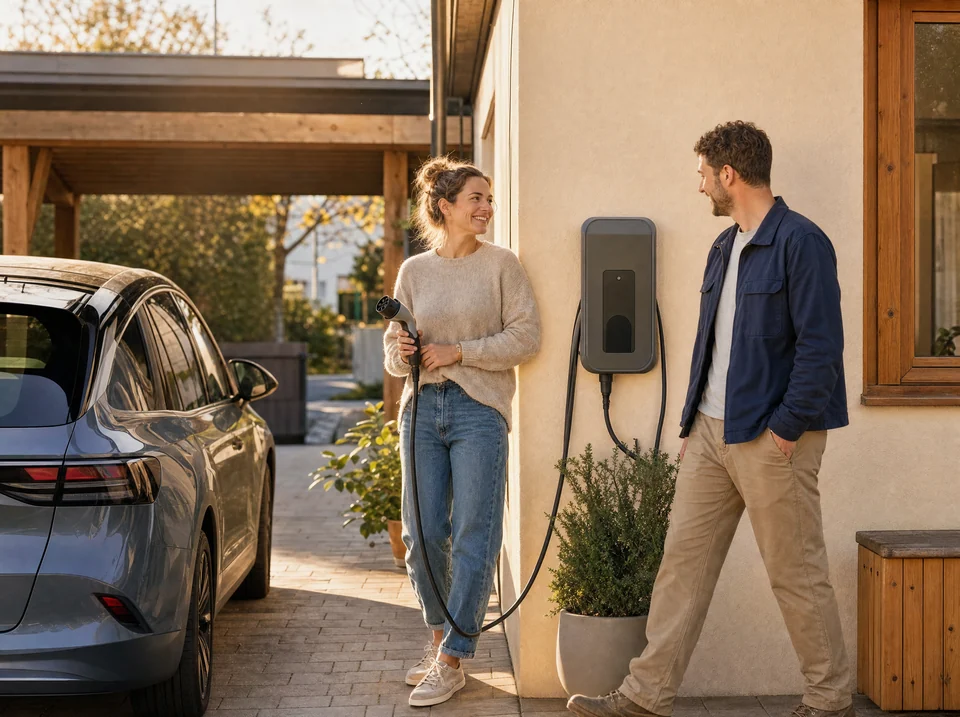 Ein Paar kommt zu Hause an und bereitet das Laden seines Elektroautos an der Wallbox vor.