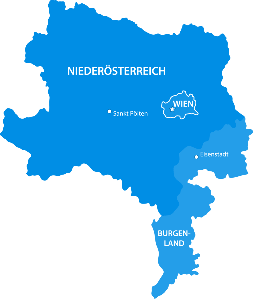 Karte von Wien, Niederösterreich und Burgenland mit Sankt Pölten und Eisenstadt zur Orientierung.